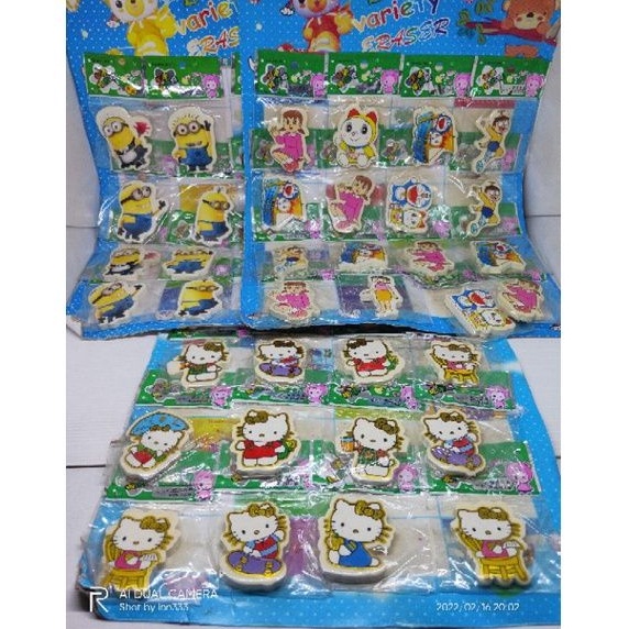 

penghapus/eraser/stip pensil karakter Doraemon, hello Kitty, Minion 1 renteng isi 16 pcs