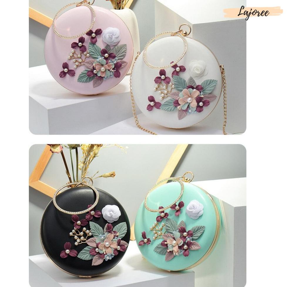[Pkk31au22в] LAJOREE Tas Pesta Mewah Circle Motif Bunga Elegan SlingBag Bulat Wanita Import Ibu Ibu 