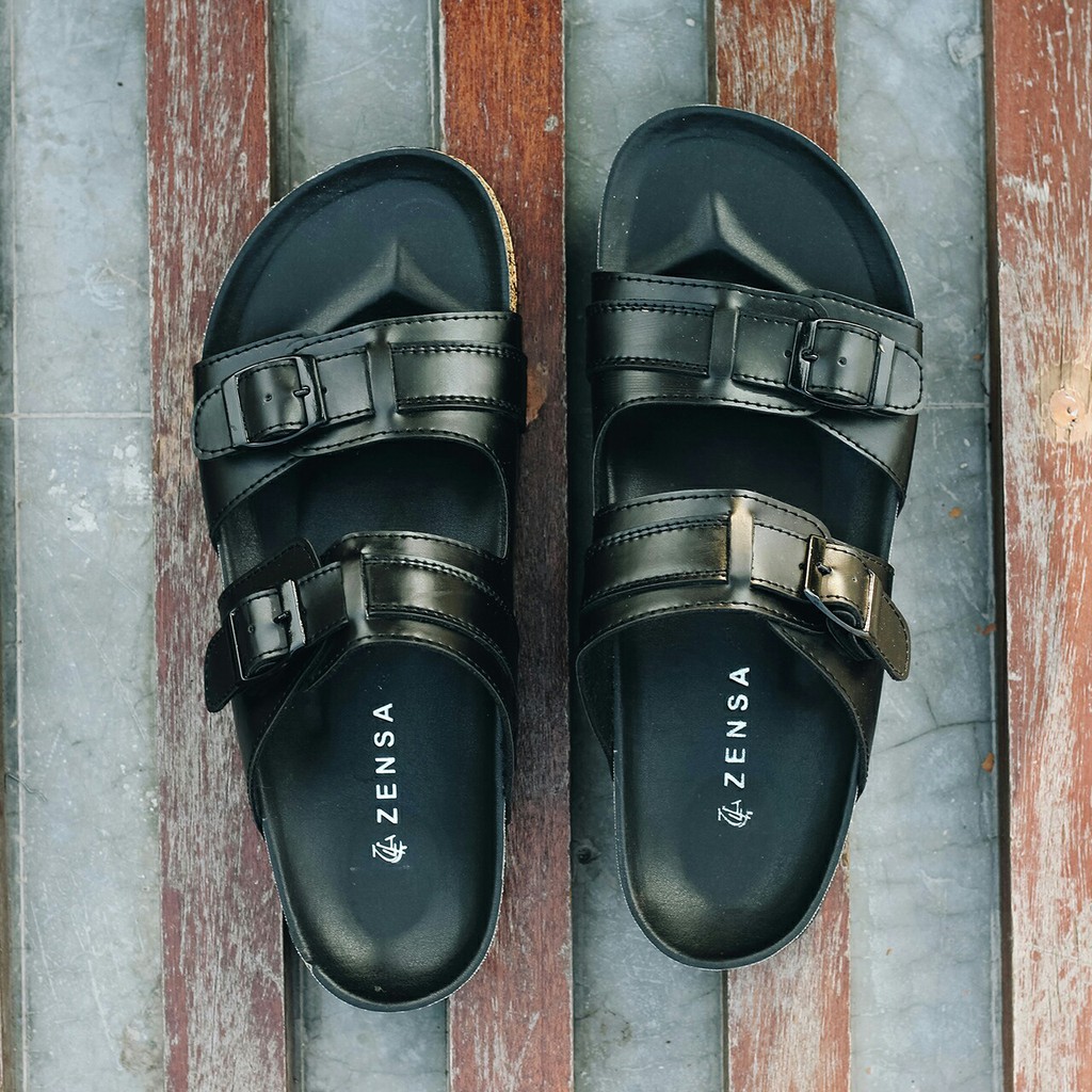 Gabriel Full Black | Sendal Jepit Tali Kulit Simpel Kayu Pria/Cowok Sandal Footwear | FORIND x Zensa