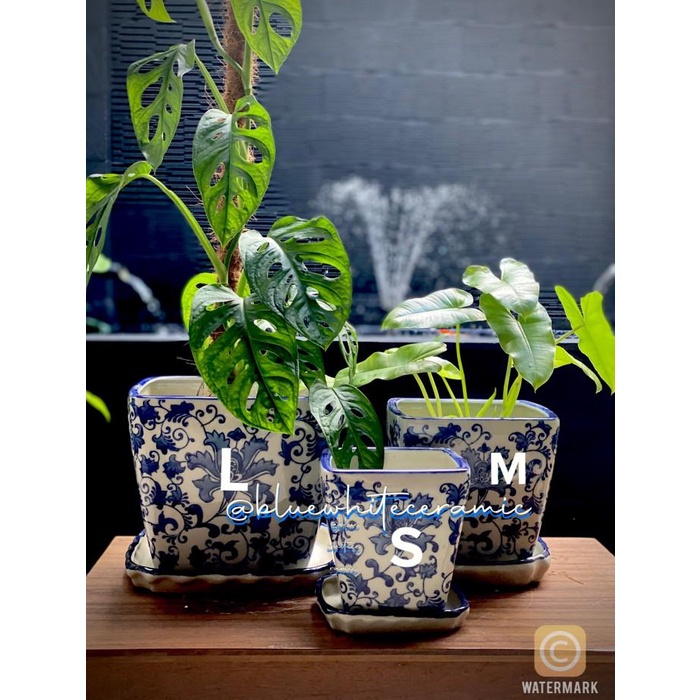 Ceramic | Pot Keramik Biru Putih Cina Motif Square Classic S-L #Bluewhite2122Sl
