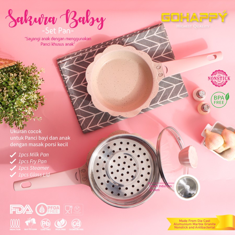 PANCI BAYI GOHAPPY - PANCI SET GOHAPPY Sakura Baby Pan Pink Peralatan anak bayi cookware set - Perlengkapan dapur Sauce pan Fry steamer- ANCI SET BABY FLOWER - WOK PAN FRYPAN PANCI SUSU MPASI BAYI - PANCI KUKUS BAYI - SAUCE PAN - MILK PAN - Panci Set