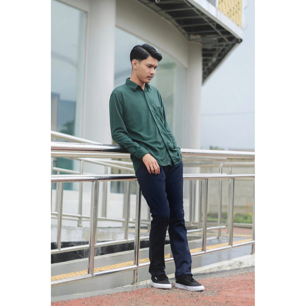 Kemeja Kasual Pique LS - Green | Kemeja Pria Lengan Panjang Katun Pique