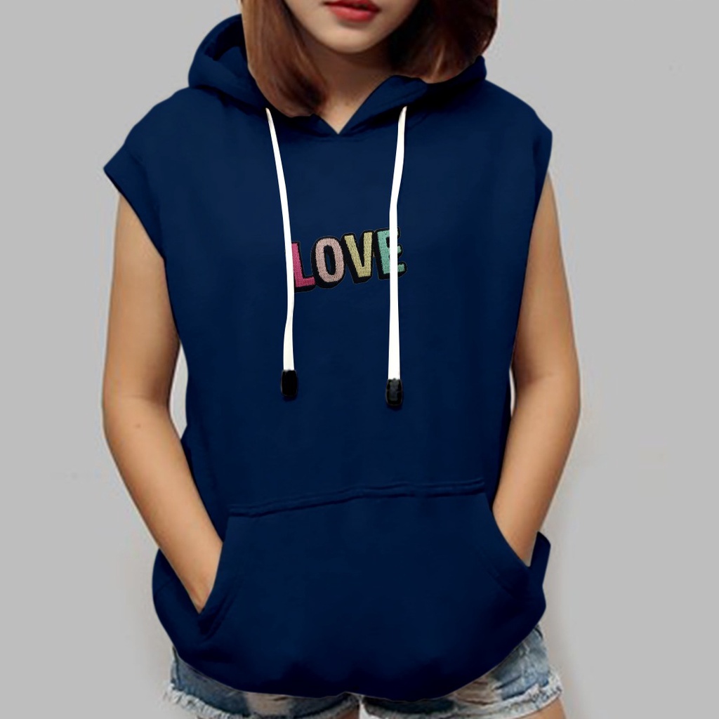 SLEEVELESS HOODIE ROMPI MOTIF BORDIR LOVE / VEST HOODIE WANITA TEBAL