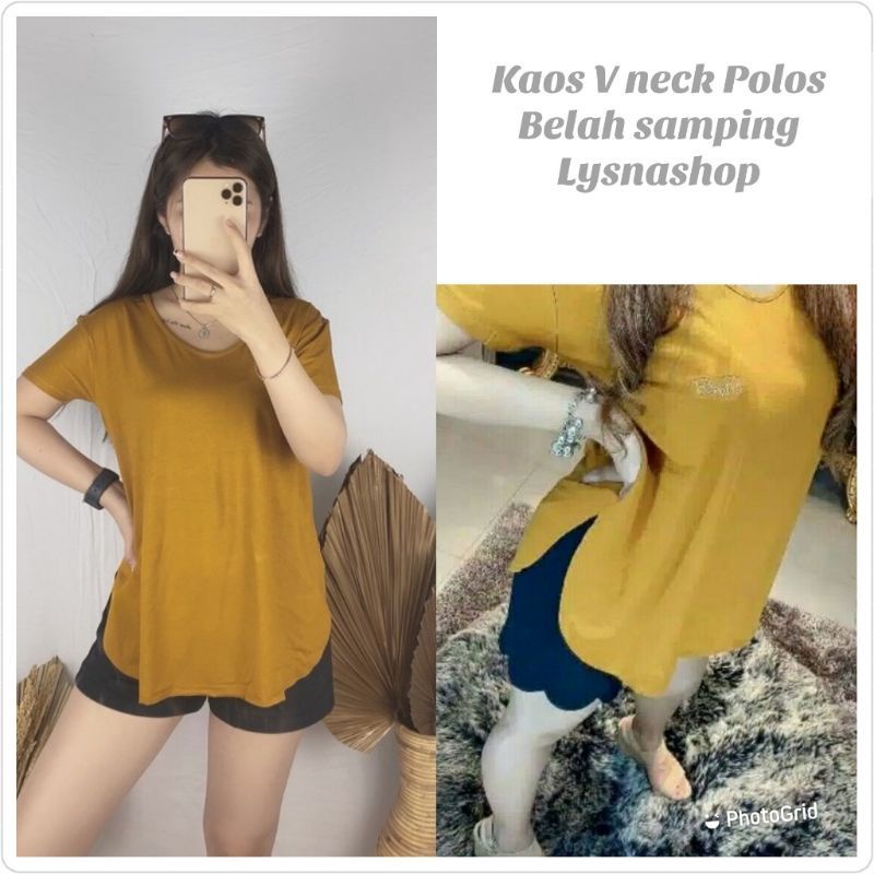 ATASAN KAOS POLOS BELAH SAMPING V NECK BAHAN SPANDEX RAYON / ATASAN BLOUSE KAOS WANITA BELAH SAMPING