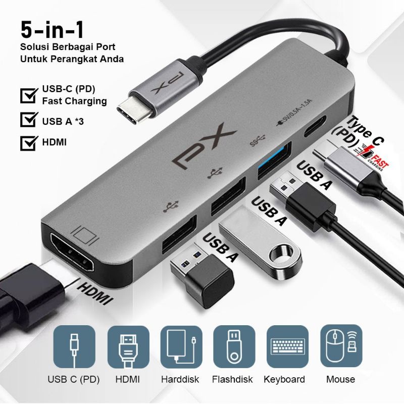 Type C to HDMI Hub Converter Multiport 5 in 1 USB 3.0 4K HDMI PX UCH05