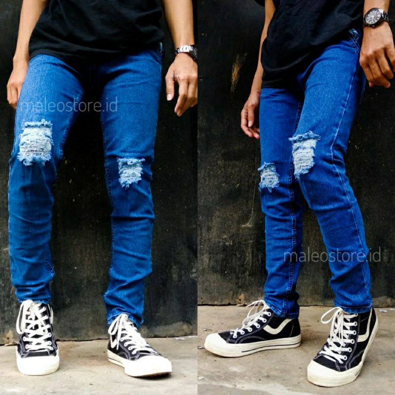 CELANA JEANS PRIA PANJANG SOBEK LUTUT RIPPED JEANS SOFTJEANS SLIMFIT HITAM ROBEK KOYAK RIPPER DESTROY PREMIUM MELAR MURAH REALPICT