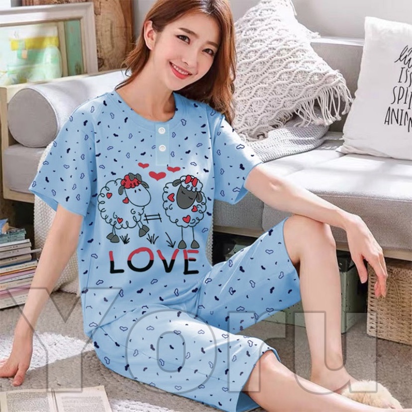 Pamelo.id Stelan C3/4 Baby Doll / Suplier Sleep Wear / Baju Tidur Wanita kaos Katun / Stelan Baju Tidur Murah Produk Terlaris Set HP-Domba Biru