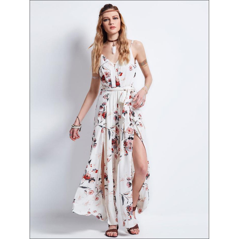 NEW PRODUK FASHION WANITA !!! LONG JUMPSUIT DRESS SEXY SPLIT MOTIF FLORAL PANTAI BOHO BOHEMIAN KOREA