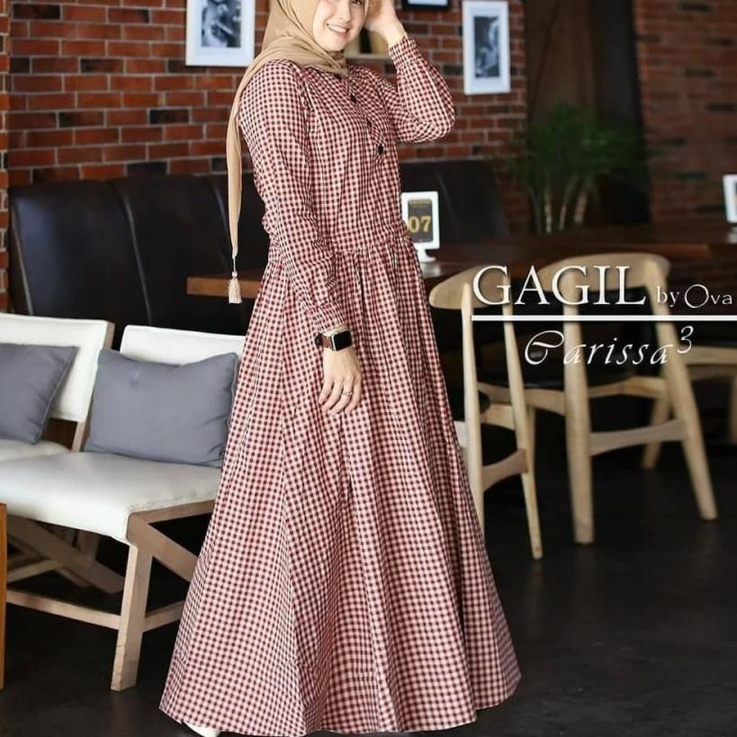 ➣ Baju Gamis Remaja Terbaru Kekinian Modern 2021 Wanita Dress Sarah Maxy Gamis Katun Kotak Kotak ☜