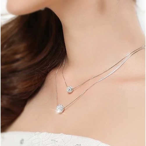 Kalung Wanita Berlapis Perak Unik Double Pearl Liontin