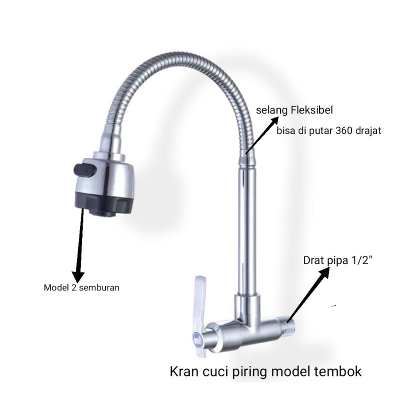 Kran Tembok Keran Angsa Cuci Piring Model Handle Depan Kran Sink Flexible 2 Mode