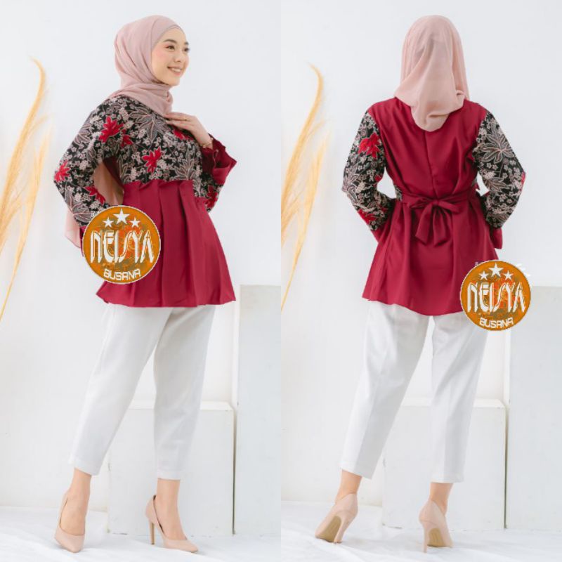 tey-17 Batik wanita ASJ SA HRB026 Kenongo Kemeja Tosca Pendek-Naura Maroon