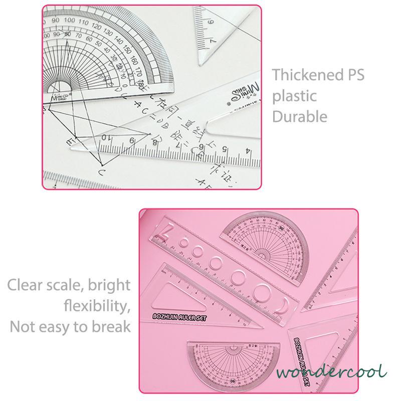 15 cm Kartun Kreatif Siswa Alat Tulis Segitiga Geometris Gambar Empat Potong Set Penggaris Busur Derajat-Won