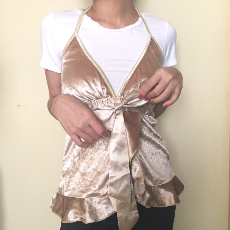 Khai top warna cream velvet top, baju wanita, atasan wanita pakaian wanita, tank top wanita, luaran 