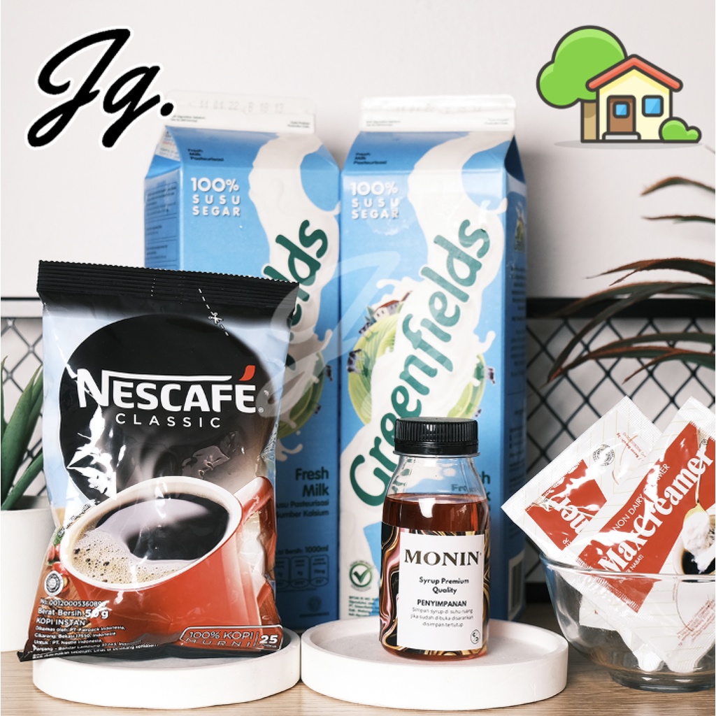 PAKET ES KOPI RUMAHAN MONIN SYRUP NESCAFE MAX CREAMER GREENFIELDS FRESH MILK