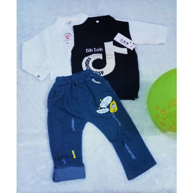 Setelan Jeans Tiktok Anak Laki-Laki 3in1 Import Premium Vest Rajut