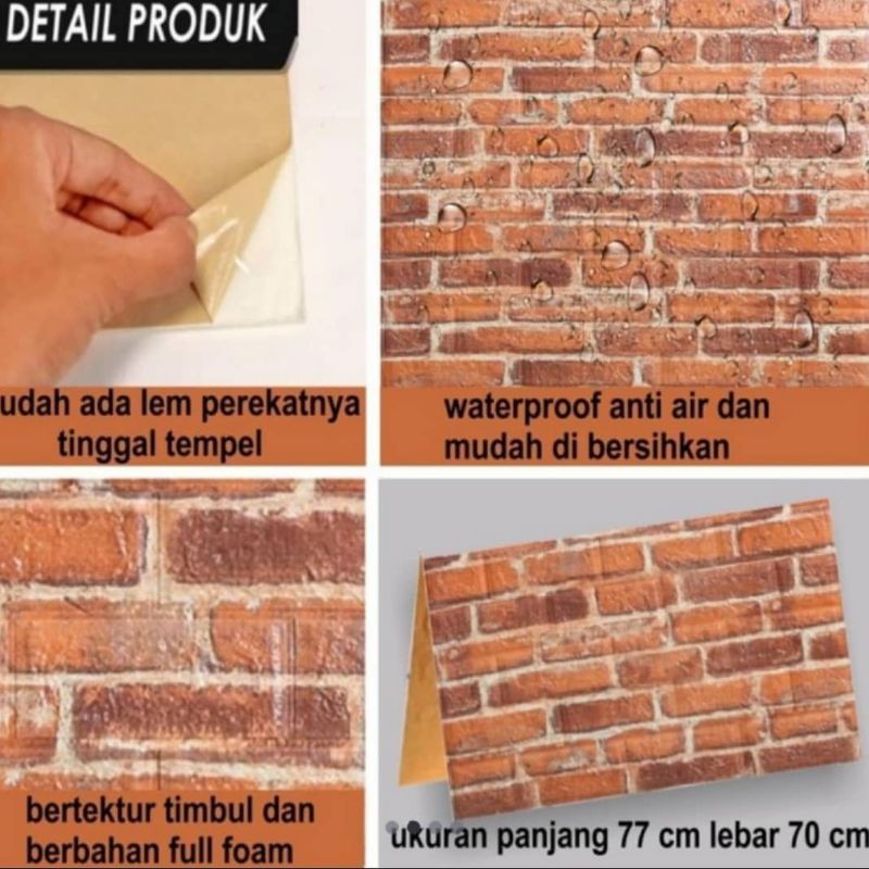wallpaper sticker foam premium permukaan timbul motif bata orange klasik