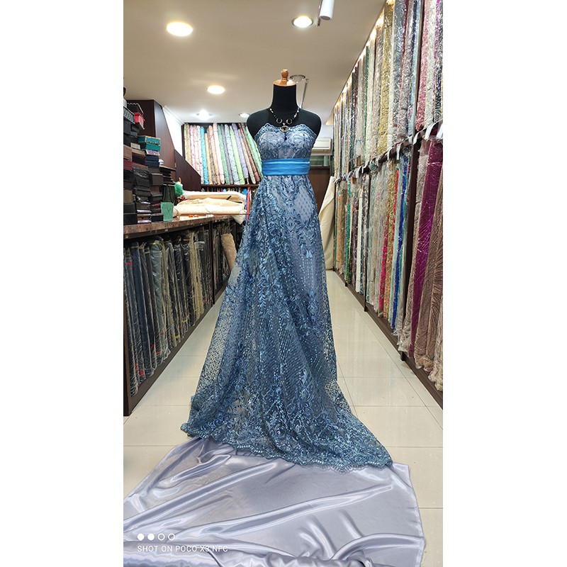Kain Tile Lace Brokat Dress KEBAYA Bridal Bridesmaid Payet Biru