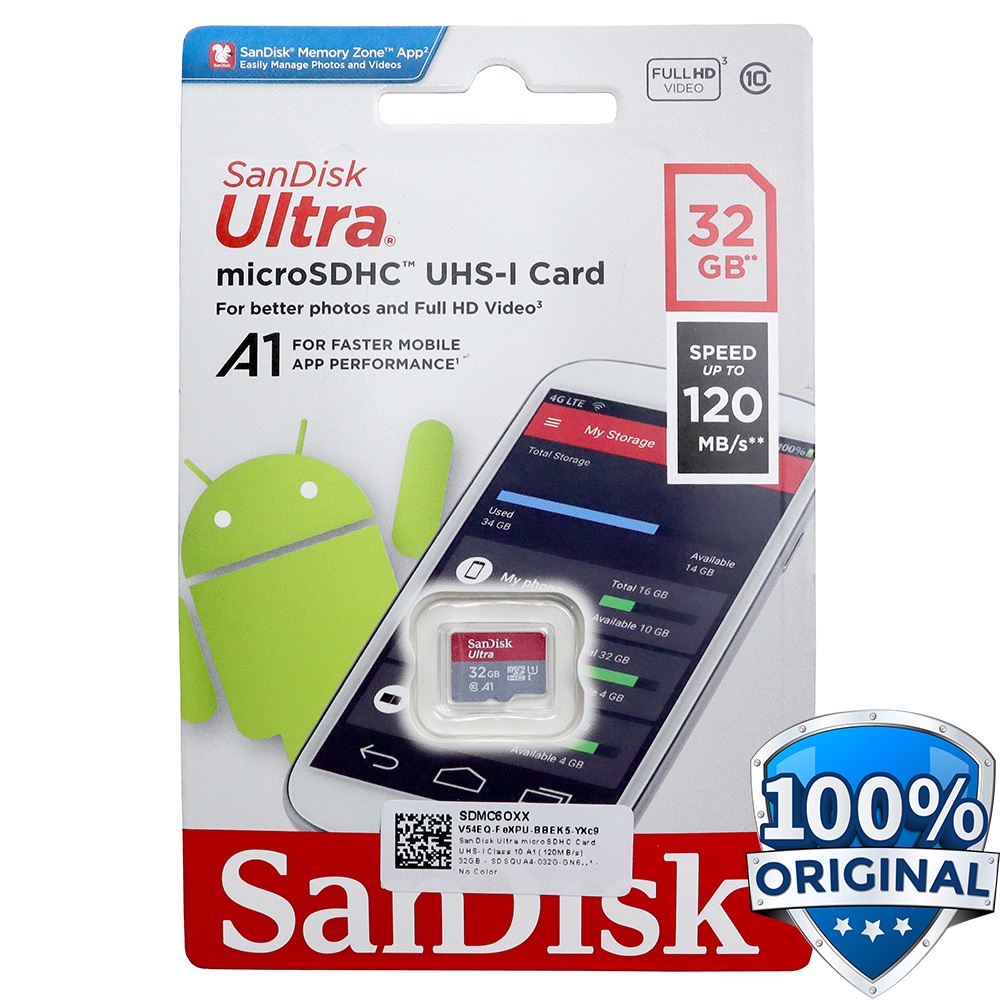 SanDisk Ultra microSD Card UHS-I Class10 A1 (120MB/s) - 16GB/32GB/64GB/128GB/256GB