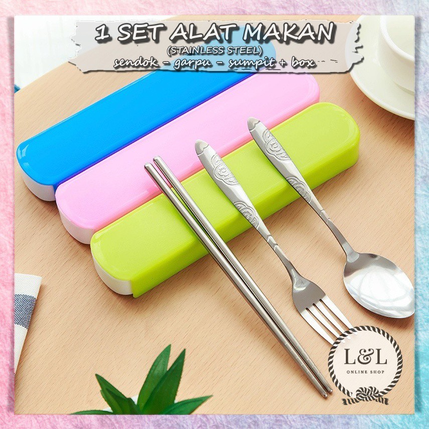 1 Set Alat Makan Sendok Garpu Sumpit Stainless Steel + Box Plastik | Portable Travel Cutlery