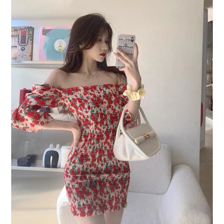 MD24 Mini dress merah motif bunga sabrina leher kotak lengan pendek balon / elegant dress sexy bodycon