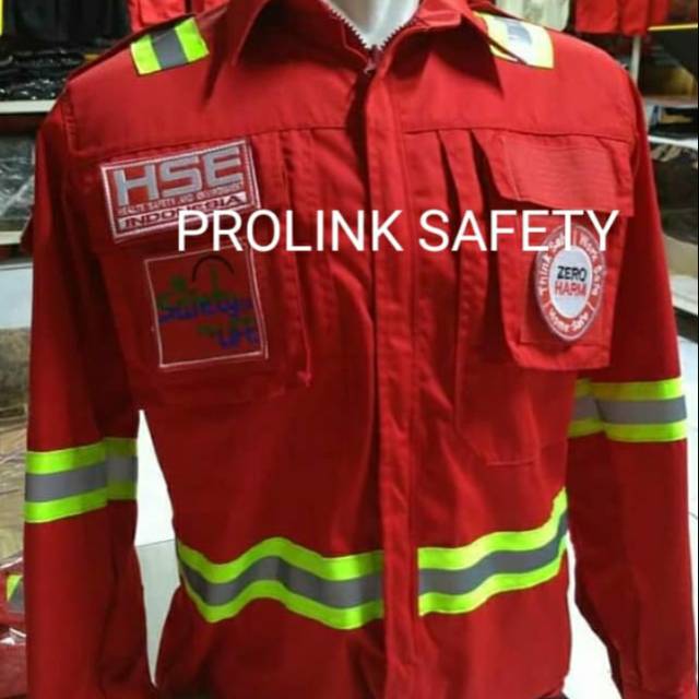 SERAGAM BAJU SAFETY MERAH HSE TEAM KAIN DRILL BORDIL LENGKAP TERPASANG