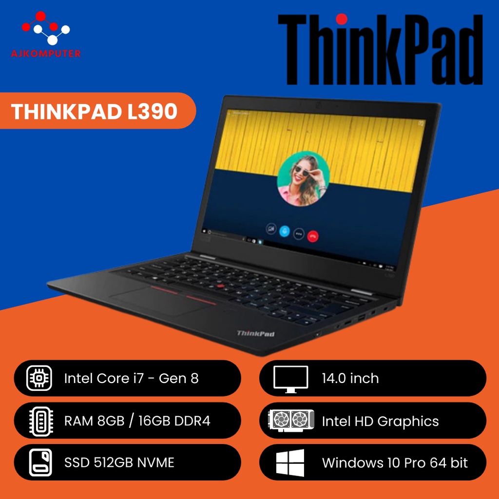laptop lenovo thinkpad l390 intel core i7 gen 8 ram 16gb ssd 512gb layar 13 3 inch fhd windows 10 or