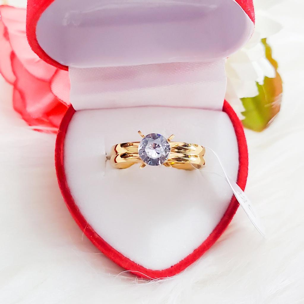 Cincin Titanium Anti Alergi Mata Satu Polos 2 ikat Lapis Emas 18k Plus Kotak Cincin Bentuk Love