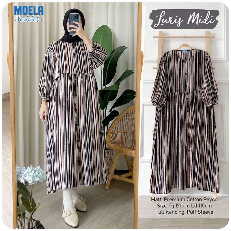 Jual Baju Midi Wanita Rayon Motif Garis-Garis Ori By Moela