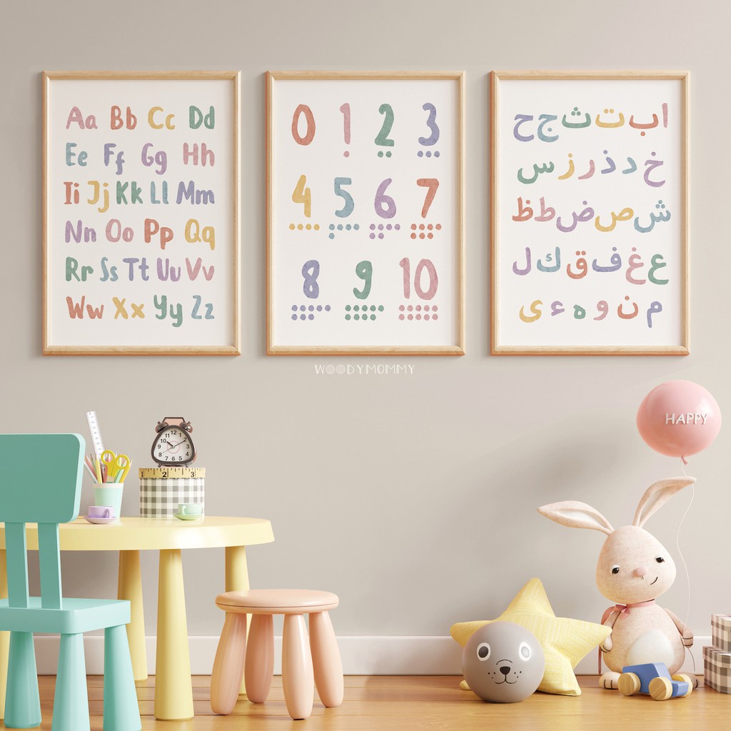 Poster Edukasi Anak Balita - ABC 123 Hijaiyah Preschooler Wall Art - Macaron