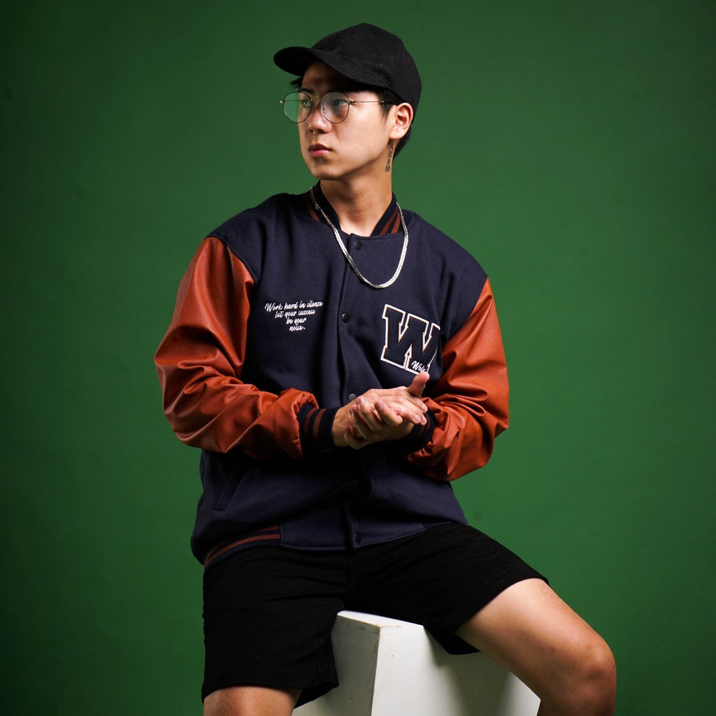[BISA COD] Jaket Baseball Varsity Pria &amp; Wanita Navy Lokky, With Premium Leather Material (Original 100%)