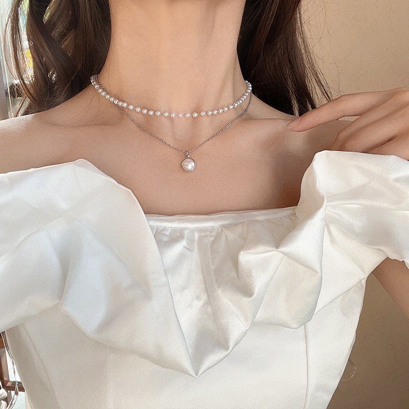 Kalung Choker Rantai Klavikula Double Layer Aksen Mutiara - Kalung Choker Mutiara