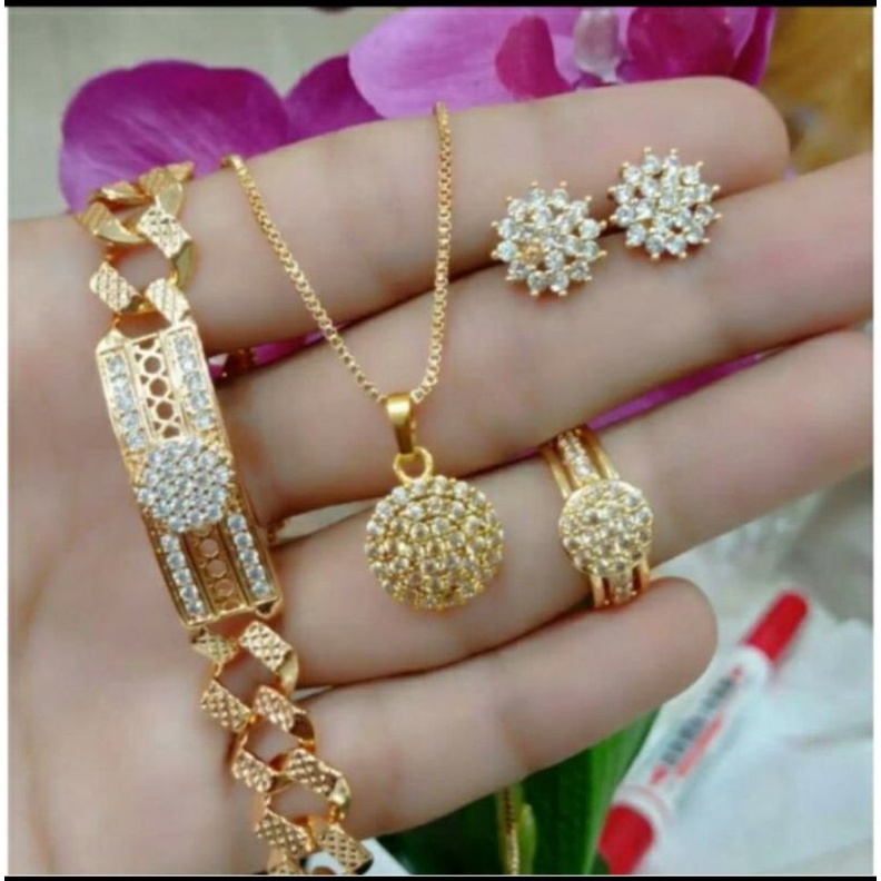 set perhiasan wanita xuping termurah lapis emas gold 22k xuping motif bulat bunga full permata baris mata