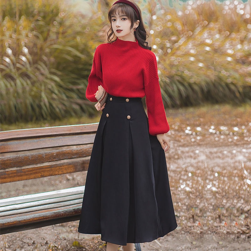 Single / suit Hong Kong style women's Retro Red half high neck sweater lazy two-piece set autumn and