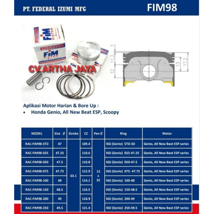 PISTON KIT FIM FIM98 HONDA GENIO / ALL NEW BEAT / BEAT LED 2020 / SCOOPY 2020 ( 47 / 47,5 / 48 / 48,5 / 49 / 49,5 ) ( STD / 050 / 100 / 150 / 200 / 250 ) ( PEN 12 / PIN 12 )-4
