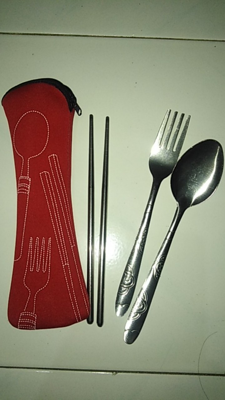 Sendok Garpu Sumpit Set Plus Pouch Paket Lengkap / Sendok Stainless Travel Camping Outdoor Souvenir