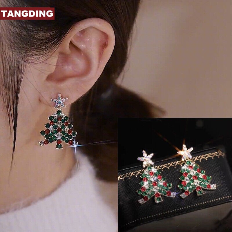 【COD Tangding】Anting Tusuk Bentuk Bintang Pentagram Zircon Berlian Untuk Ornamen Natal