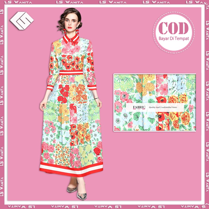 LS Baju Gamis Floral Dress Wanita Motif Vintage Gamis Lengan Panjang Maxi Dress