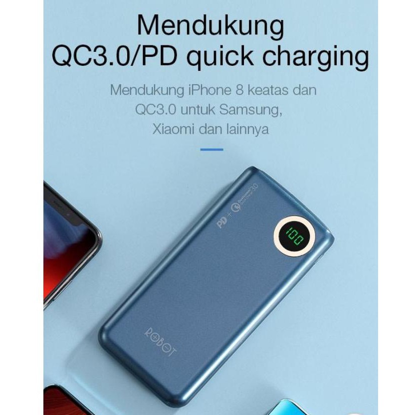 Power bank Robot RT100Q 10000mAh 18W LED Dual Port USB Two Way Quick Charge
