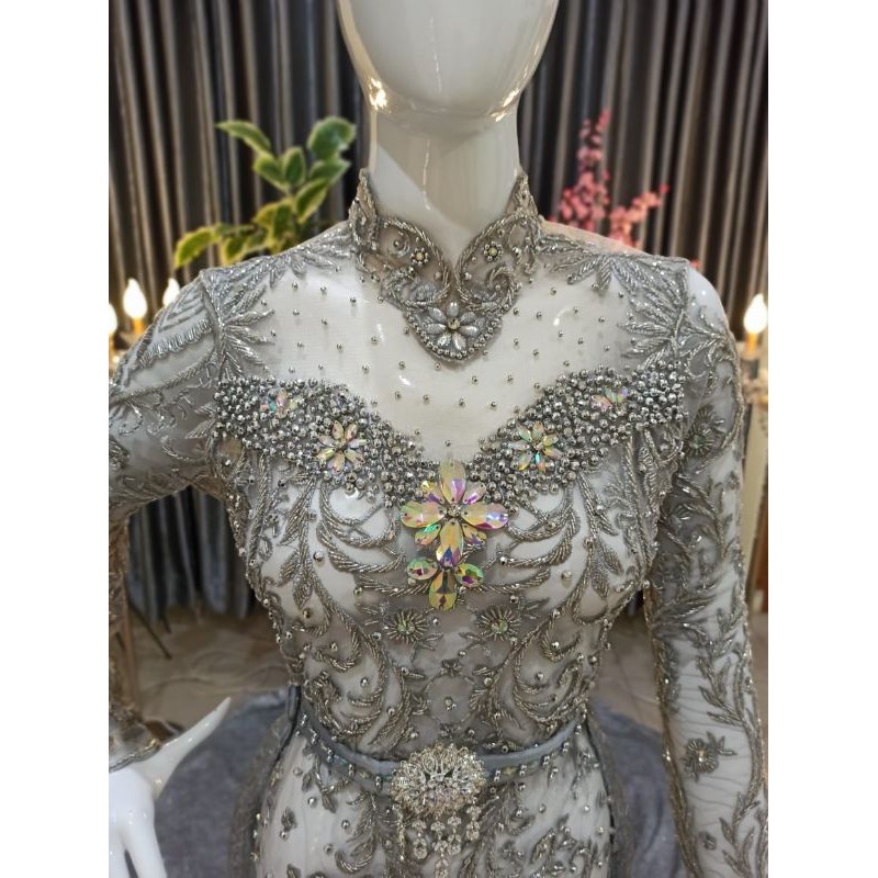 Gaun pengantin akad kebaya langsung konveksi pink grey