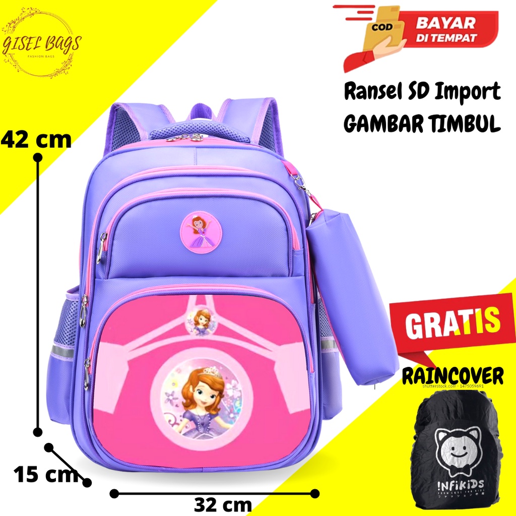 GB Tas sekolah anak perempuan gambar timbul ransel anak import bahan tebal ransel anak sekolah