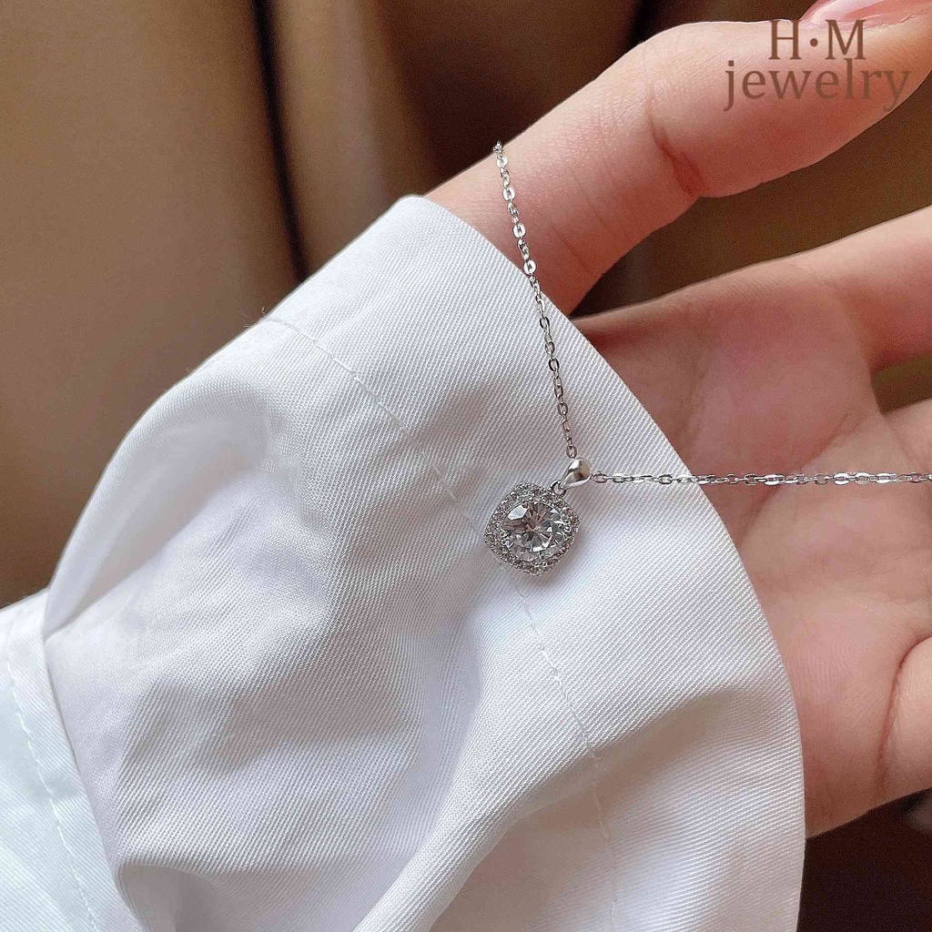 Kalung Rantai Klavikula Bahan S925 Silver Bentuk Persegi Aksen Berlian