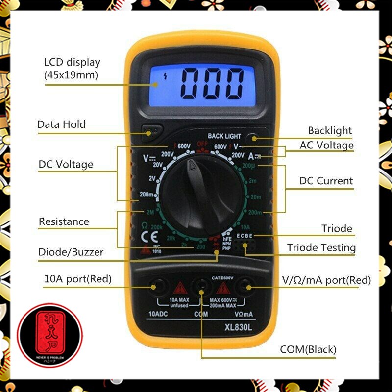 Junejour Mini Digital Multimeter AC/DC Voltage Tester - XL830L - Black