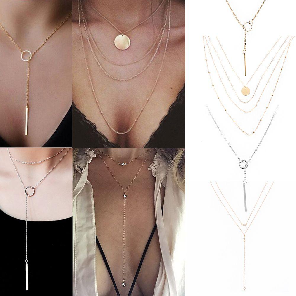 Top Multi Layer Kalung Wanita Hadiah Perhiasan Aksesoris Trendi Geometris Liontin Fashion Bulat Persegi Panjang Bentuk Boho Choker