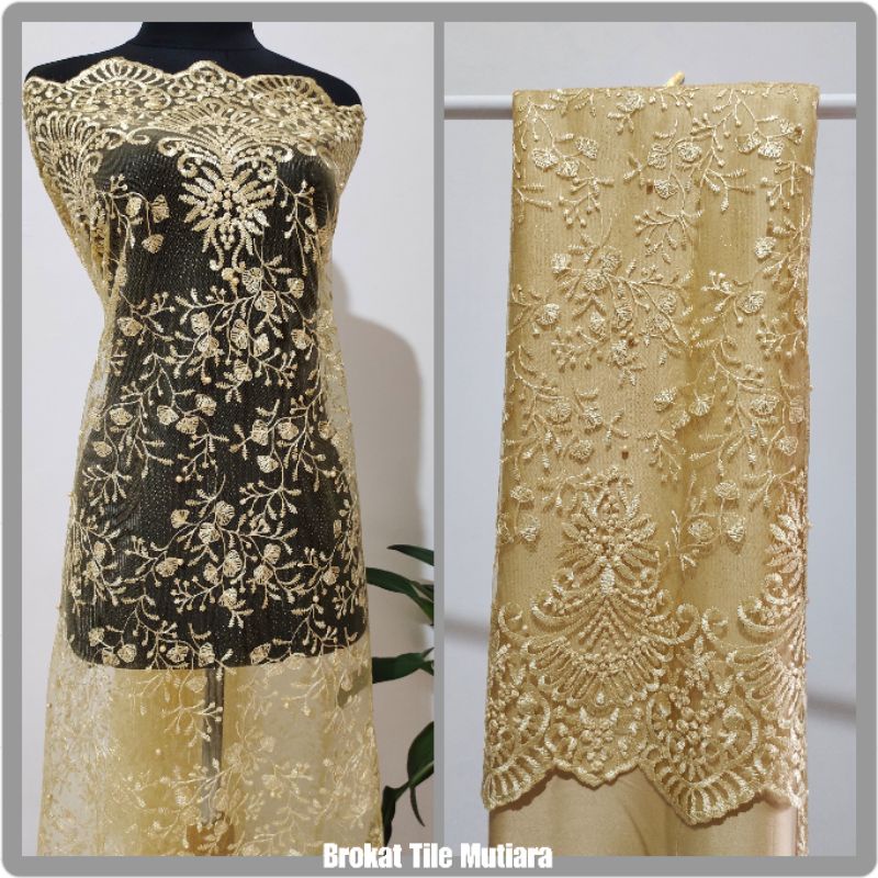 Brokat Tile Mutiara Bordir Warna Kuning Muda