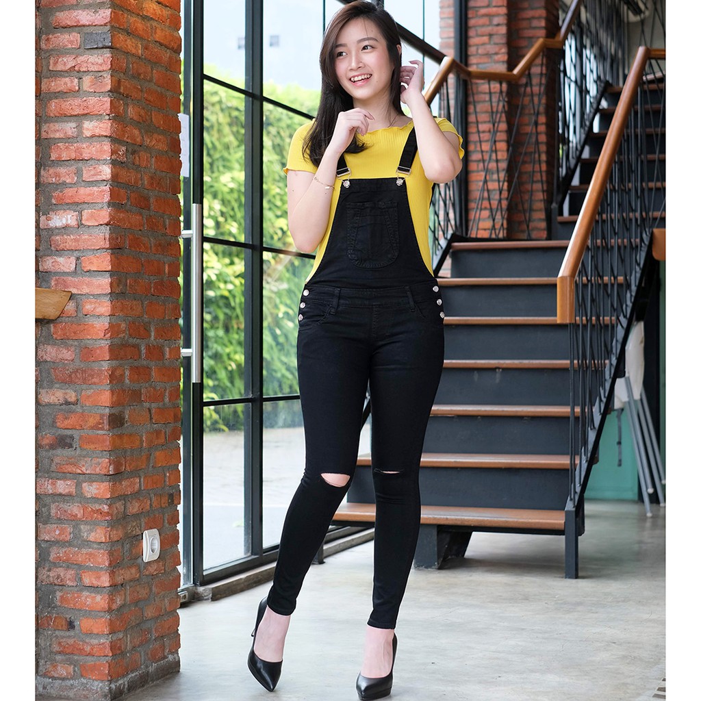 8112 OVERALL HITAM  SOBEK  LUTUT  JEANS  WANITA  Stretch 