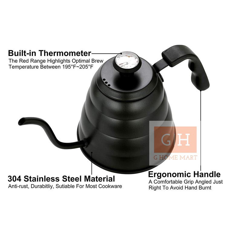 Gooseneck Kettle with Thermometer 1,2L Teko Leher Angsa kopi