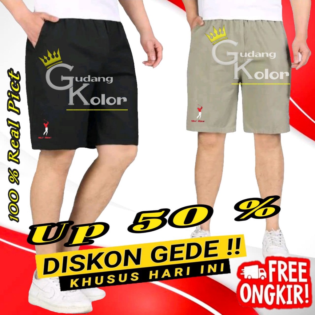 Celana Pendek Pria Santai Polos Dewasa Harian Short Pants Laki Laki Selutut Cowok Pinggang Karet Kol