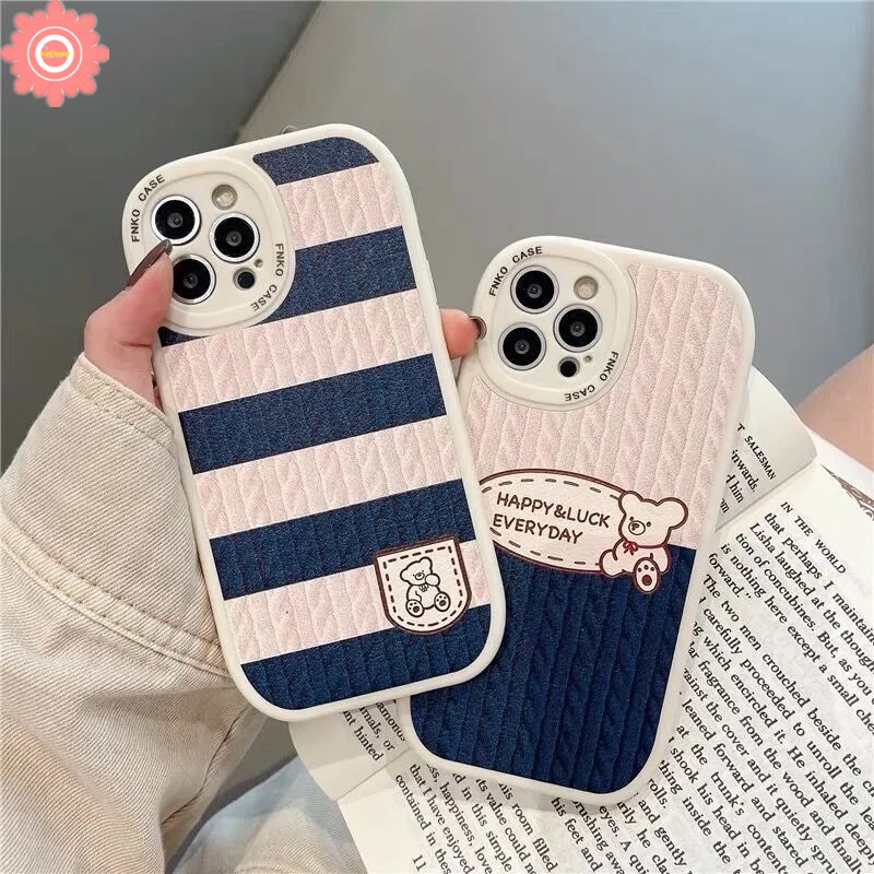 Case Beruang Kartun Lucu Redmi Note10 8 9 9s 10s 11Pro 11 11s 9pro 10pro Max Redmi 12C 10 9T 9A 9 10C 9C NFC POCO M3 X3 Pro X3 NFC Rajut Motif Garis Splicing Lembut TPU Cover