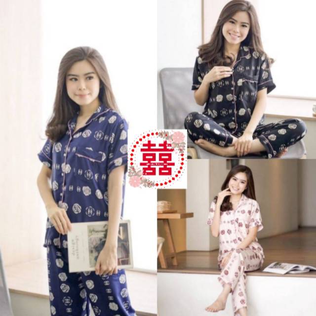 Piyama chanel / Baju tidur chanel lengan pendek & celana panjang